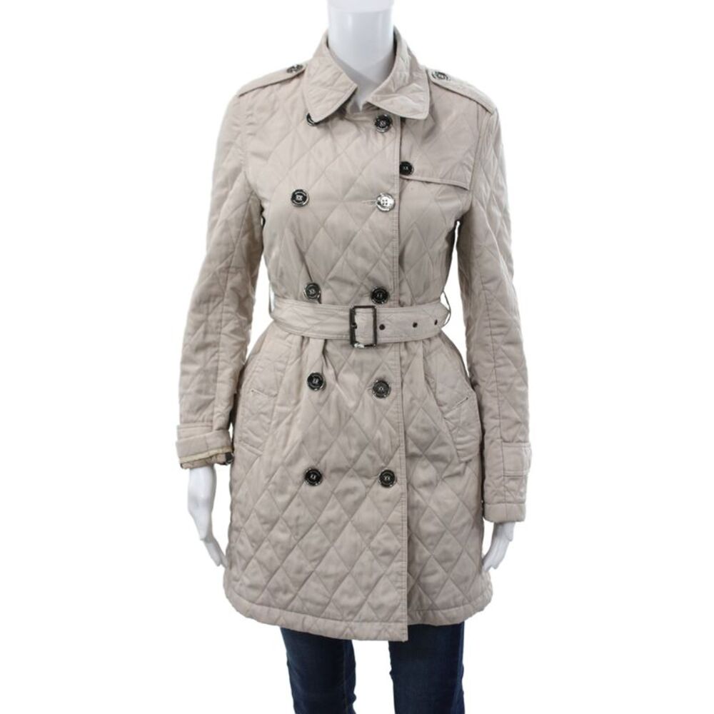Burberry Womens Quilted Trench Coat Beige Buckle Collared Long Sleeve Size M